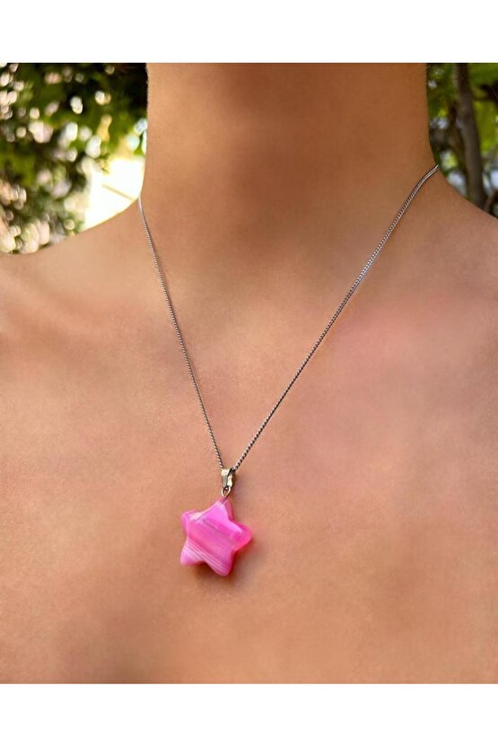 Yıldız Model Pembe Akik Doğal Taş Kolye