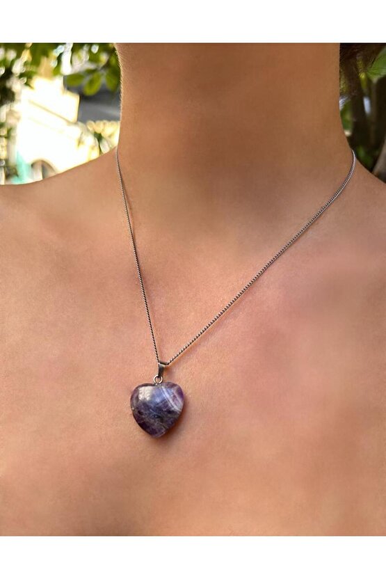 Kalp Model Ametist Doğal Taş Kolye