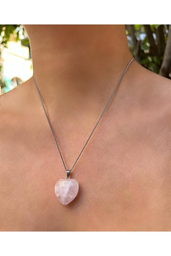 Bombeli Kalp Model Pembe Kuvars Doğal Taş Kolye
