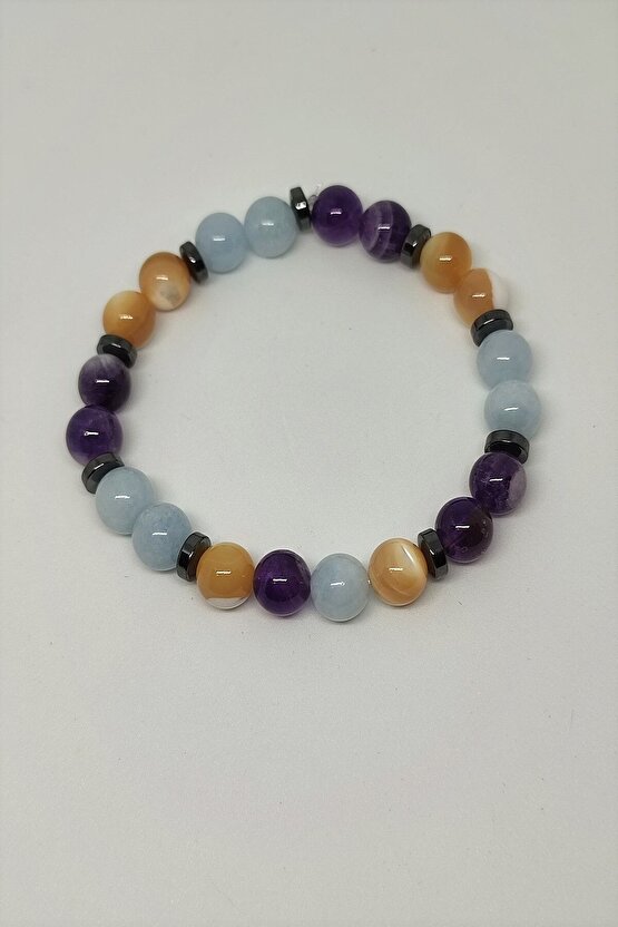 Sertifikalı Akuamarin, Esmer Sedef, Ametist, Hematit Doğaltaş Bileklik