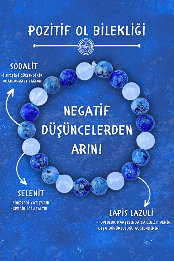 Pozitif Ol Doğal Taş Tılsım Bilekliği Düz 8mm (Lapis Lazuli, Sodalit, Selenit Taşı) Chi-Zen Bileklik