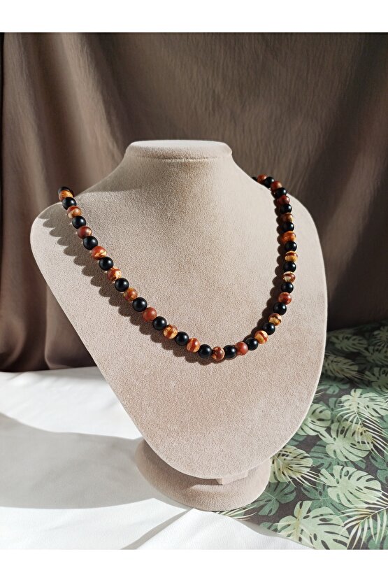 TİBET AKİK & SİYAH ONİKS DOĞAL TAŞ ERKEK KOLYE