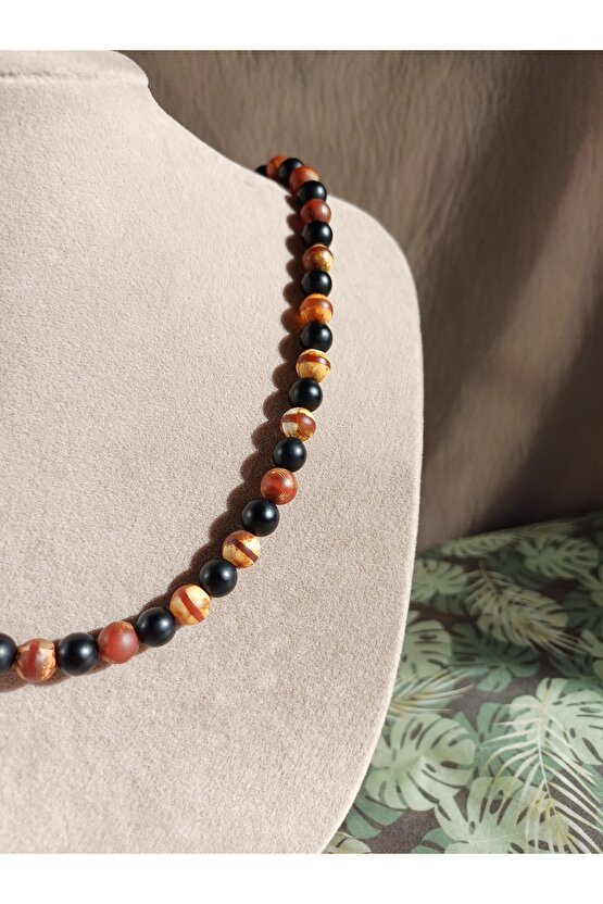 TİBET AKİK & SİYAH ONİKS DOĞAL TAŞ ERKEK KOLYE