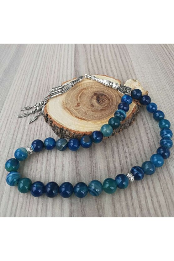 KOPYA - Mavi Beyaz Çizgili Akik Doğal Taş Tesbih 10mm