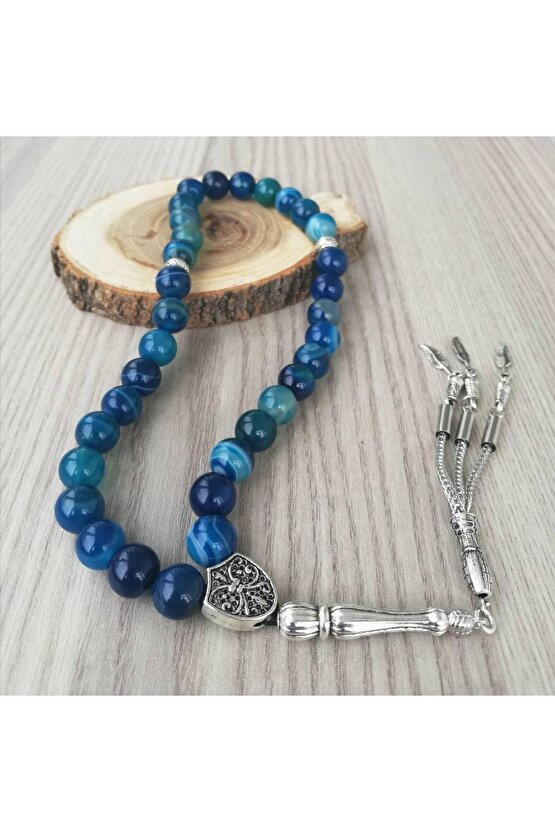 KOPYA - Mavi Beyaz Çizgili Akik Doğal Taş Tesbih 10mm