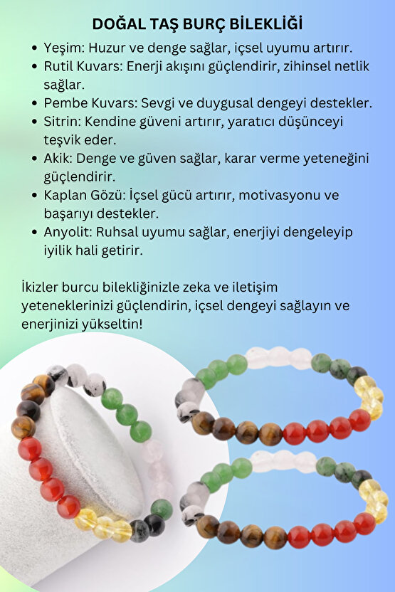 -ZEKA VE İLETİŞİM-İkizler Burcu Taşlarından Oluşan Doğal Taş Bileklik