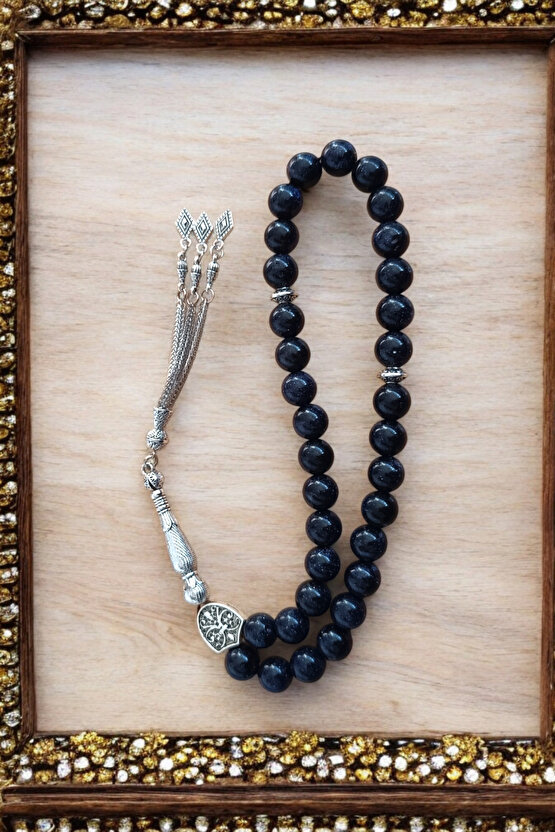 Lacivert Yıldız Taşı Tesbih 33 Lük Tesbih Orijinal Doğal Taş Büyük Boy 10 mm Gerçek Taş