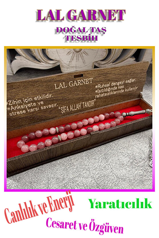%100 doğal taş -Lal Garnet Taşı: Aşkın, Tutkunun ve Canlılığın Kaynağı - özel kutusuyla tesbih