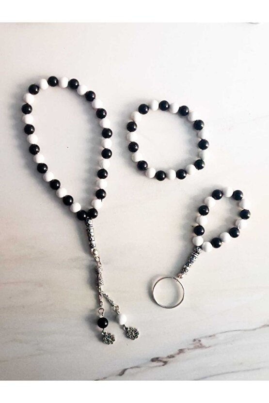 Siyah-Beyaz 3lü Set Tesbih, Bileklik ve Anahtarlık