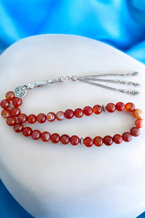 Kırmızı Akik Tesbih 33 Lük Tesbih Orijinal Doğal Taş Büyük Boy Akik Taşı Gerçek Akik