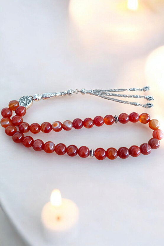 Kırmızı Akik Tesbih 33 Lük Tesbih Orijinal Doğal Taş Büyük Boy Akik Taşı Gerçek Akik