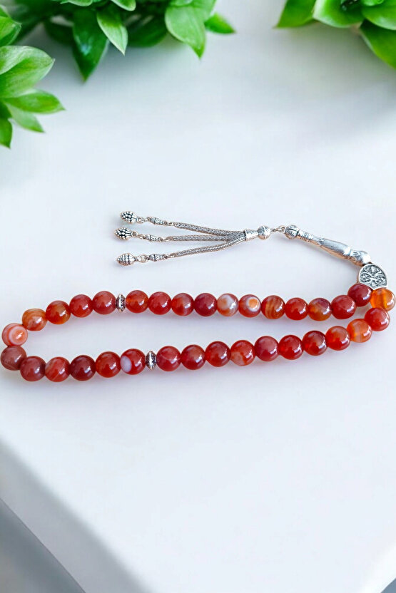 Kırmızı Akik Tesbih 33 Lük Tesbih Orijinal Doğal Taş Büyük Boy Akik Taşı Gerçek Akik