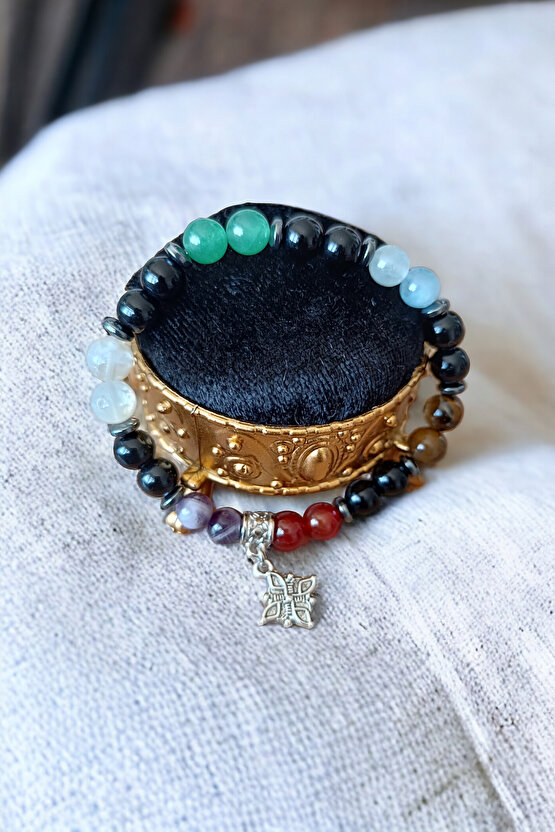 7 Çakra Bileklik Akik, Kaplan Gözü, Oniks, Akuamarina, Aventurin, Sitrin, Ametist Doğal Taş Bileklik