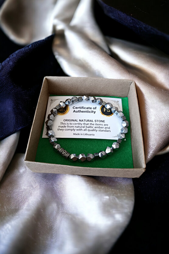 Hematit Bileklik Prizma Parlak Metal İnox Renk Kaliteli  Doğal Taş Bileklik