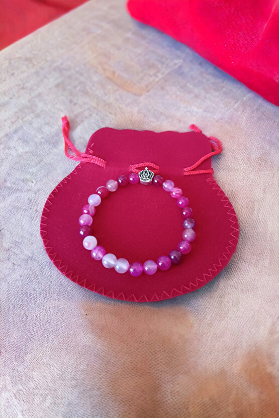 Akik Taşı Bileklik Orijinal Doğal Taş Bileklik Pembe Beyaz Desenli Bileklik Doğal Taş Bileklik