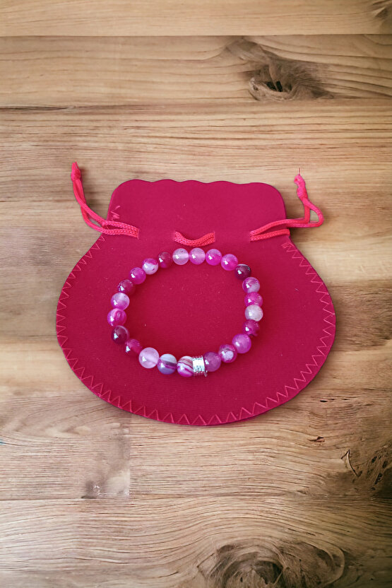 Akik Taşı Bileklik Orijinal bileklik Pembe Beyaz Desenli Akik Doğal Taş Bileklik