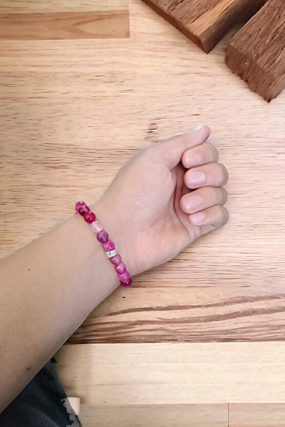 Akik Taşı Bileklik Orijinal bileklik Pembe Beyaz Desenli Akik Doğal Taş Bileklik