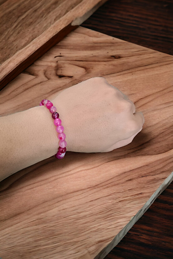 Akik Taşı Bileklik Orijinal bileklik Pembe Beyaz Desenli Akik Doğal Taş Bileklik