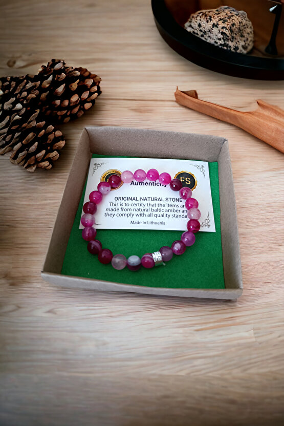 Akik Taşı Bileklik Orijinal bileklik Pembe Beyaz Desenli Akik Doğal Taş Bileklik