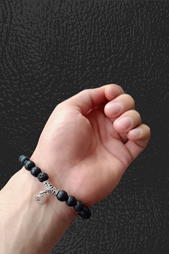 Elektroliz Taşı Lav Taşı Siyah Lav Taşı Bileklik Türk Bayraklı metal Doğal Taş Bileklik