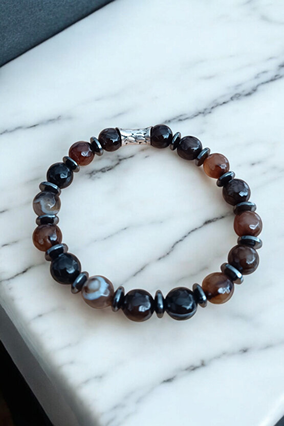 Akik Hematit Bileklik Siyah Kahverengi Desenli Akik Taşı Bileklik  10 mm Akik Taşı Bileklik