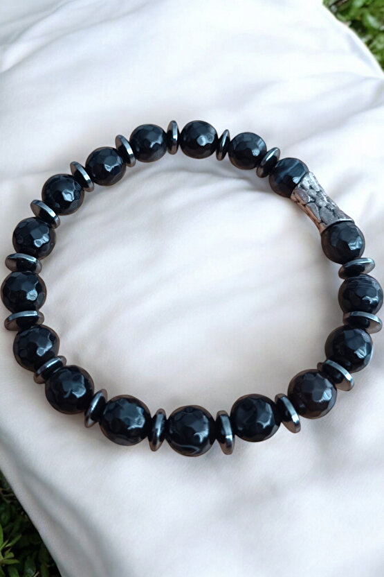 Akik Taşı Bileklik Siyah Akik Bileklik Faset Kesim 10 mm Akik Taşı Bileklik