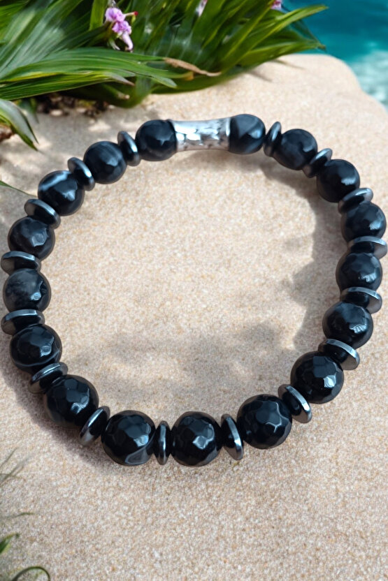 Akik Taşı Bileklik Siyah Akik Bileklik Faset Kesim 10 mm Akik Taşı Bileklik