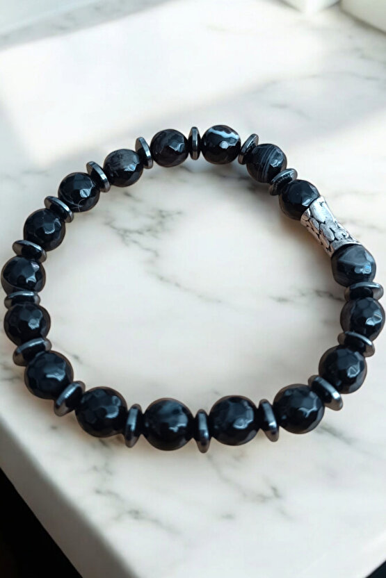 Akik Taşı Bileklik Siyah Akik Bileklik Faset Kesim 10 mm Akik Taşı Bileklik