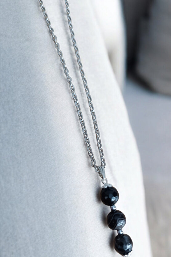 Siyah Faset Kesim Akik kolye doğal taş kolye zincirli kadın kolye hediyelik kolye