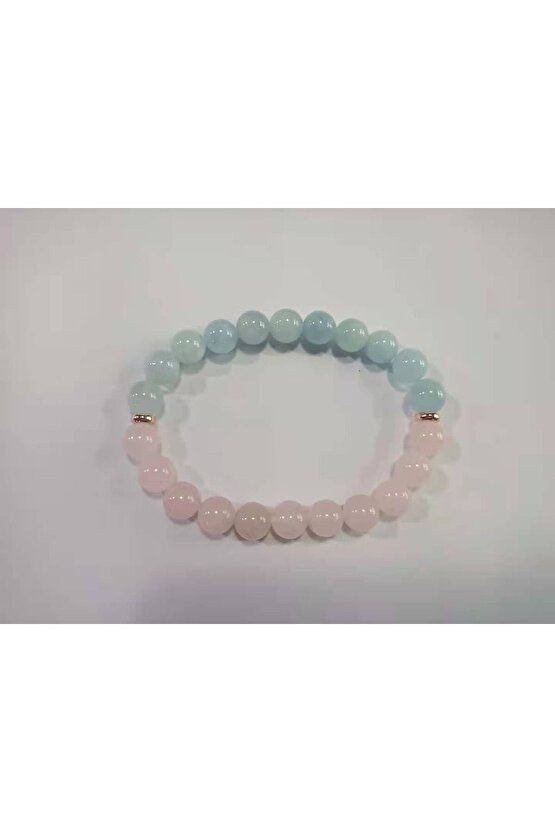 Pembe Kuvars & Akuamarin Doğal Taş Bileklik 8mm