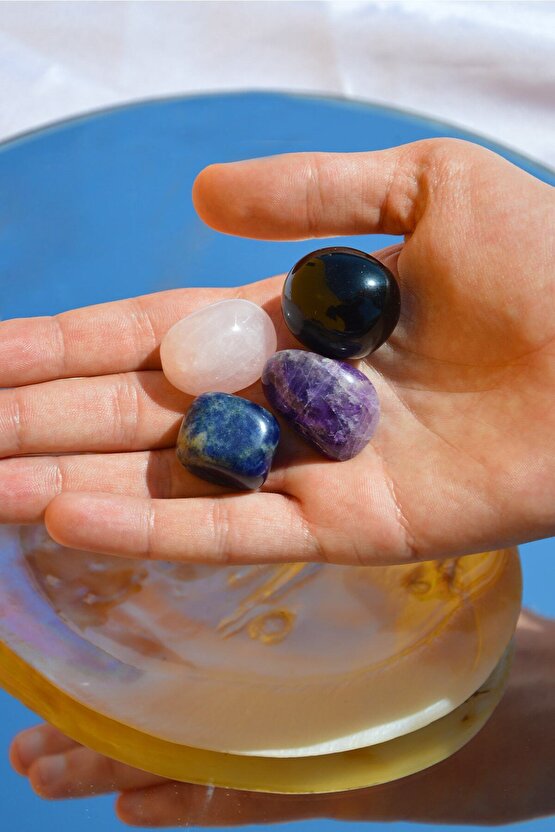 Öfke Sinir Stres Pozitif Enerji Doğal Taş Tumble Seti 2 (obsidyen, Pembe Kuvars, Ametist, Sodalit)