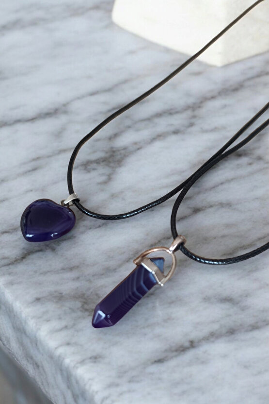 Mor Akik Taşı Kolye 2 Adet Özel Model Hediyelik Eşya Sevgili Kolye Çift Sevgili Kolyesi 2 Adet Kolye