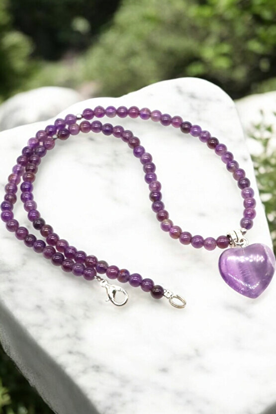 Ametist Kolye Ametist Taşı kolye Çelik Tel Çelik Uzatma Zinciri Gerçek Doğal Taş 4 mm kalpli kolye