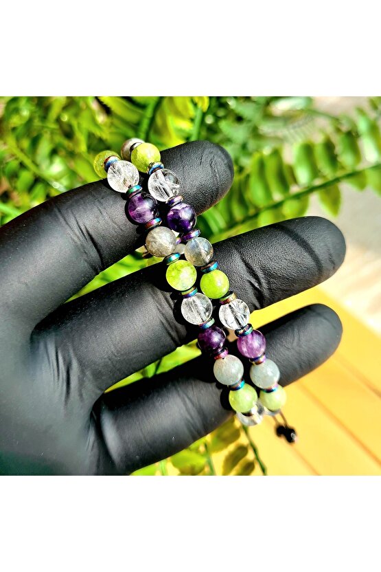 Oğlak Burcu Doğal Taş Bileklik > Florit - Kristal Kuvars - Labrodit - Peridot