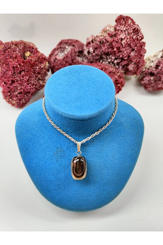 Alacalı Akik Doğal Taş Yuvarlak Kolye Ucu Sertifikalı 47 cm Zincir Dahil