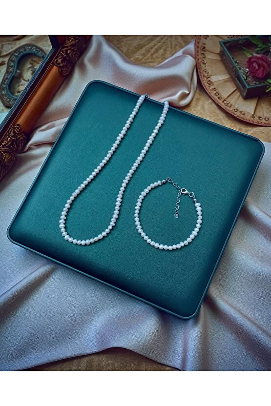 925 Ayar Gümüş Sertifikalı Doğal 4mm İnci Kolye ve Bileklik Set