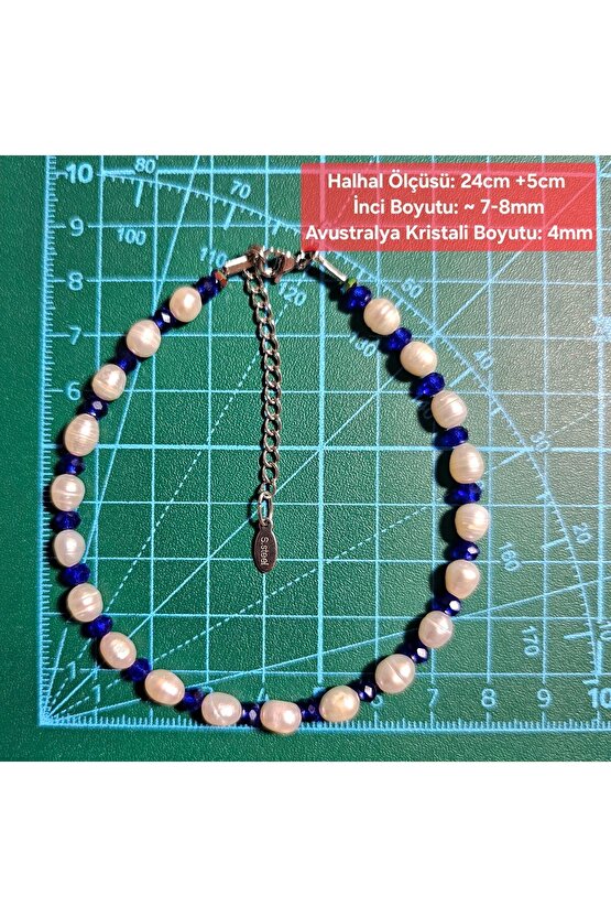 İnci Doğal Taş Halhal - Saks Mavisi - 1 Adet ( El Yapımı Tasarım Ürünler )