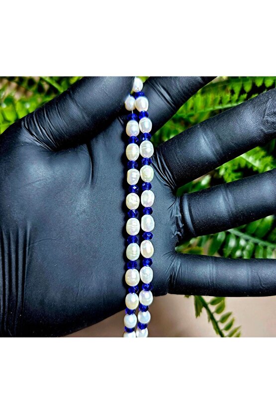 İnci Doğal Taş Halhal - Saks Mavisi - 1 Adet ( El Yapımı Tasarım Ürünler )