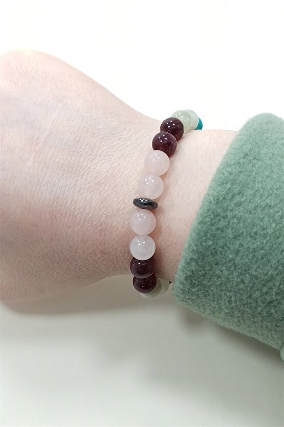 Cazibe Bilekliği Pembe Kuvars Granat(lal) Aytaşı Turkuaz Doğal Taş Bileklik Rio