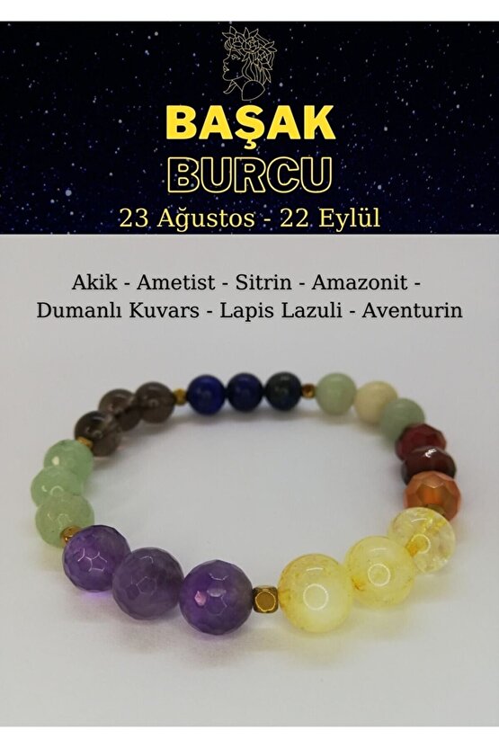 Başak Burcu Doğaltaş Bileklik Ametist,akik,aventurin, Lapis Lazuli, Dumanlı Kuvars, Sitrin, Amazonit