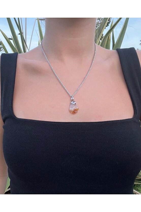 Ham Sitrin Doğal Taş Kolye Ucu (47 CM ZİNCİR DAHİL) (SERTİFİKALI)