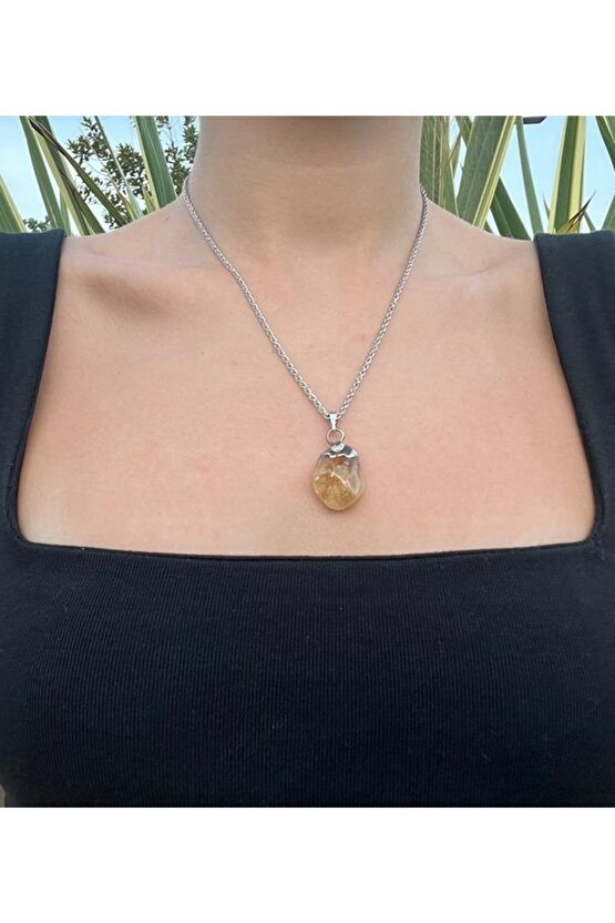 Sitrin Doğal Taş Tamburlanmış Kolye Ucu (47 Cm Zincir Dahil) (sertifikalı)