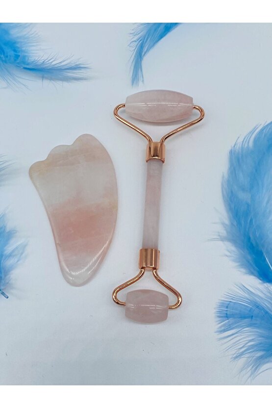 Doğal Taş Pembe Kuvars Kaz Ayaklı Roler Gua Sha Masaj Seti