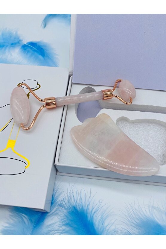 Doğal Taş Pembe Kuvars Kaz Ayaklı Roler Gua Sha Masaj Seti