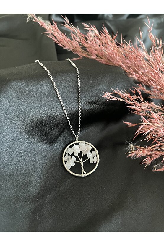 Pembe Kuvars Hayat Ağacı Doğal Taş Kolye