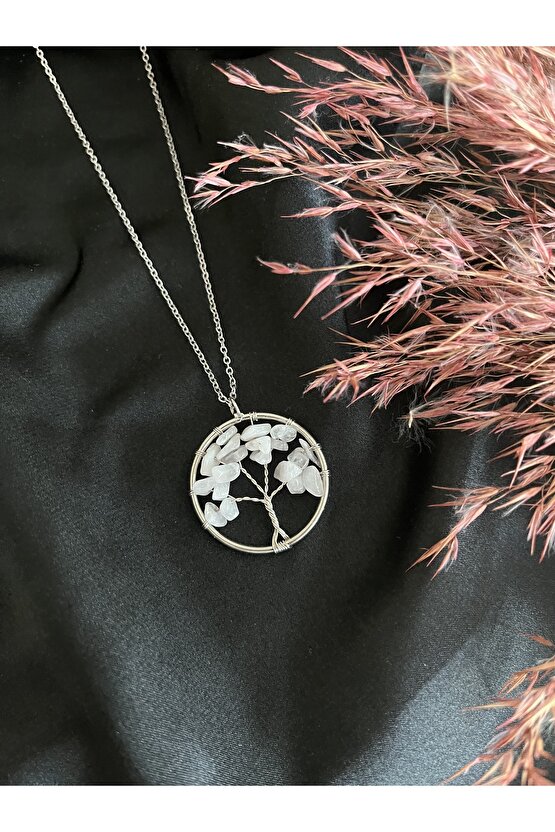 Pembe Kuvars Hayat Ağacı Doğal Taş Kolye