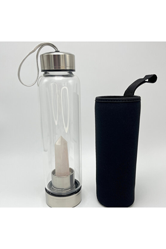 SERTİFİKALI Pembe Kuvars Doğal Taş Cam Su Matarası 550 ml  Özel Kılıflı Contalı Kapak Paslanmaz