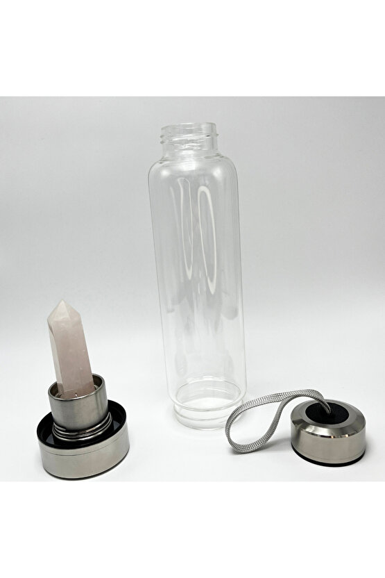 SERTİFİKALI Pembe Kuvars Doğal Taş Cam Su Matarası 550 ml  Özel Kılıflı Contalı Kapak Paslanmaz