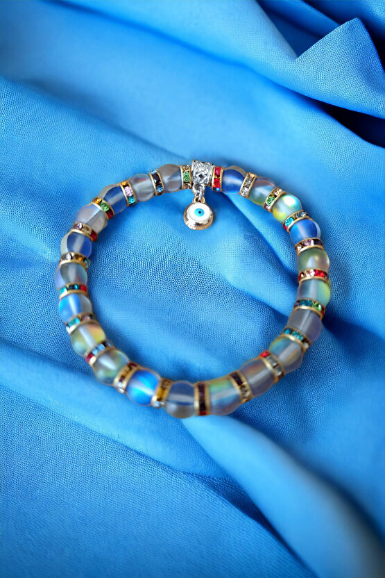 Mavi Termal Kuvars Renkli Rondela Nazar Boncuklu Doğal Taş Bileklik Parlayan Model