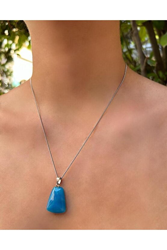 Dörtgen Model Mavi Akik Doğal Taş Kolye